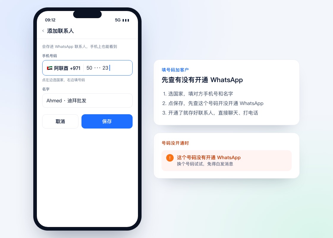示意图：添加联系人页面，选国家、填手机号和名字；号码没开通 WhatsApp 时会提示