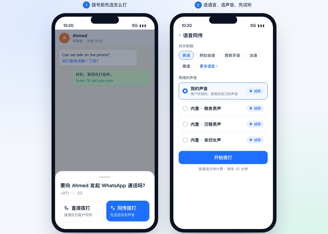 示意图：拨号前选择「直接拨打」或「同传拨打」，再选对方听到的语言和声音，可以先试听